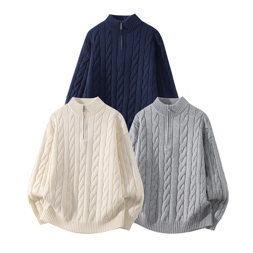 Damen Oversize Zopfmuster-Halbreißverschluss-Pullover mit Ballonärmeln und Stehkragen Nord Taschen