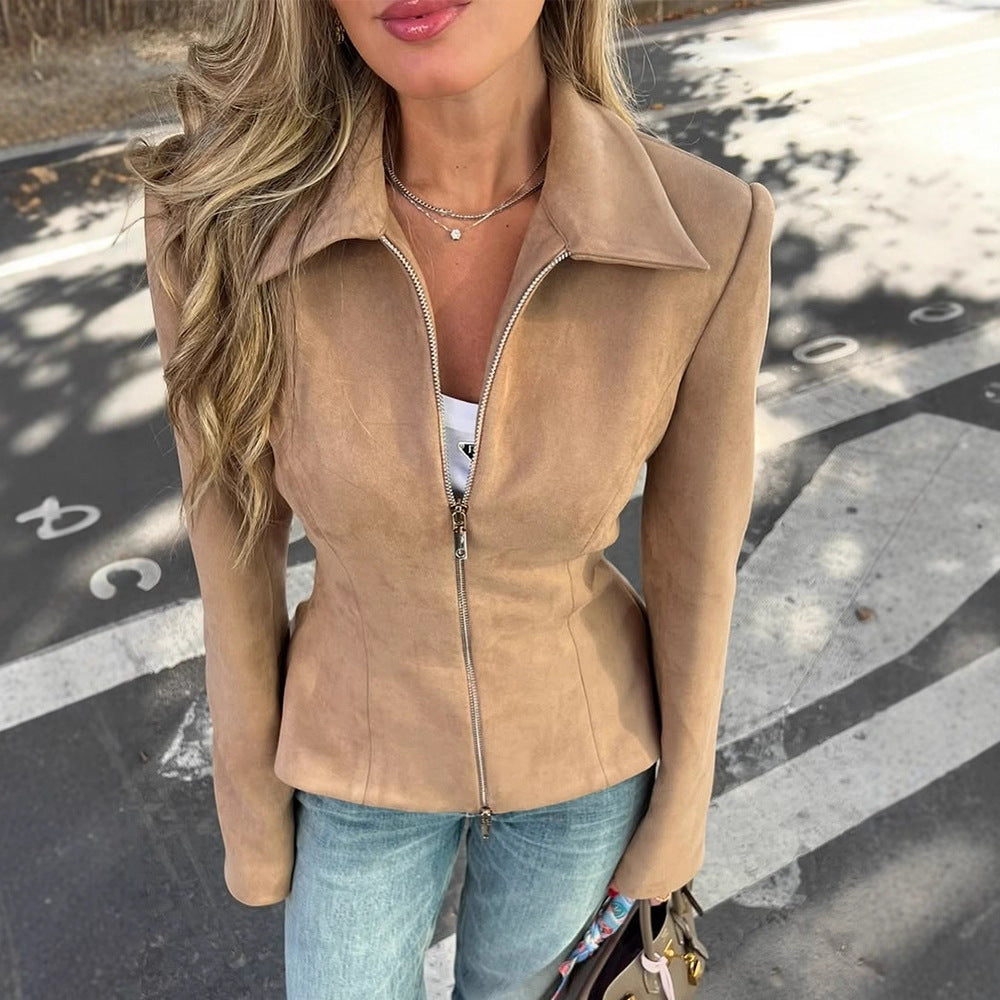 Damen Taillierte Velourslederoptik-Jacke mit Zweiwege-Reißverschluss Nord Taschen