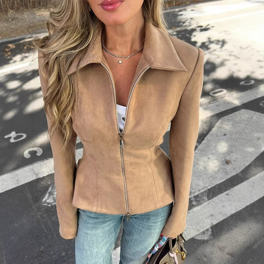 Damen Taillierte Velourslederoptik-Jacke mit Zweiwege-Reißverschluss Nord Taschen