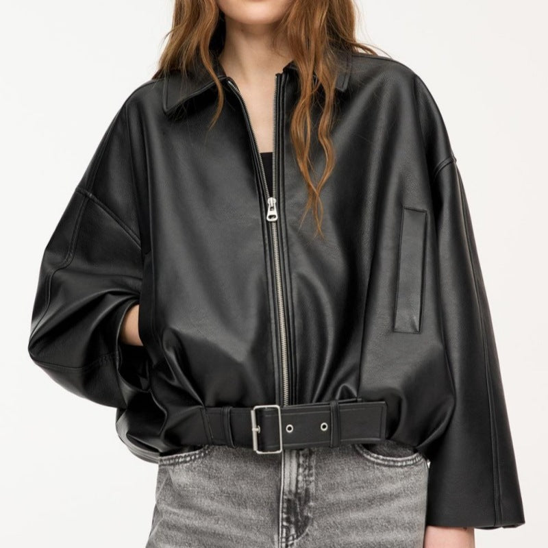 Damen Oversized Lederimitat-Blouson mit Taillengürtel Nord Taschen