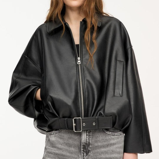 Damen Oversized Lederimitat-Blouson mit Taillengürtel Nord Taschen