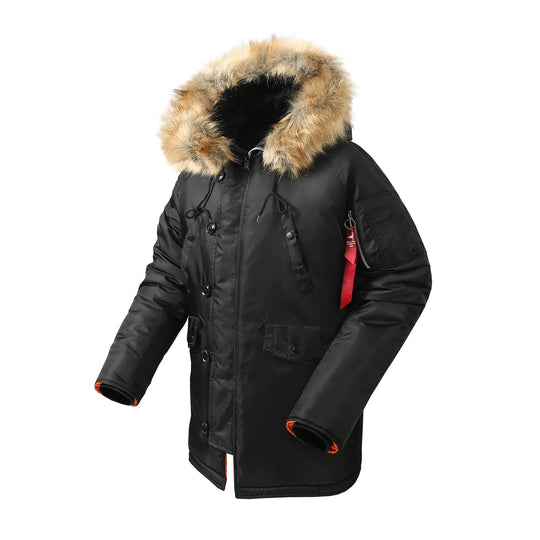 Herren langer Thermo-Parka mit Kapuze und abnehmbarem Kunstfellbesatz Nord Taschen