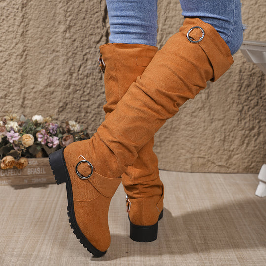 Damen kniehohe Slouch-Stiefel aus Wildlederoptik mit dekorativer Schnalle und rutschfester Profilsohle Nord Taschen