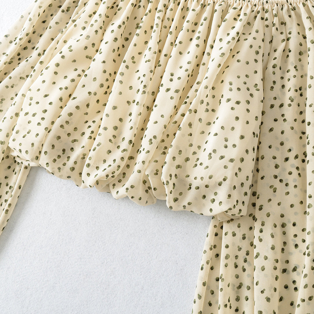 Damen Carmen-Cropped Chiffonbluse mit Gummizug, Volantbesatz und langen Ballonärmeln Nord Taschen