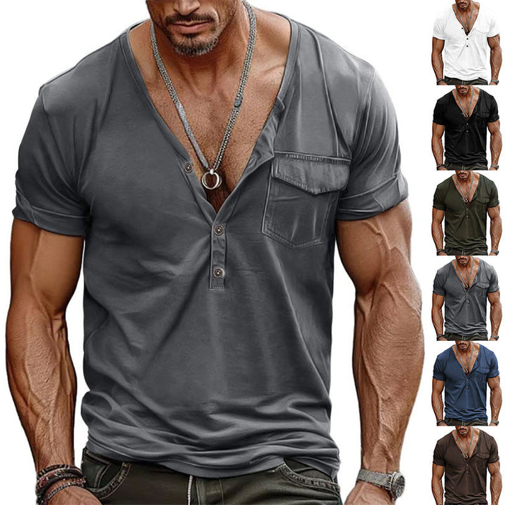Herren nan athletisches Kurzarmshirt mit tiefem V-Ausschnitt, Knopfleiste und Brusttasche
