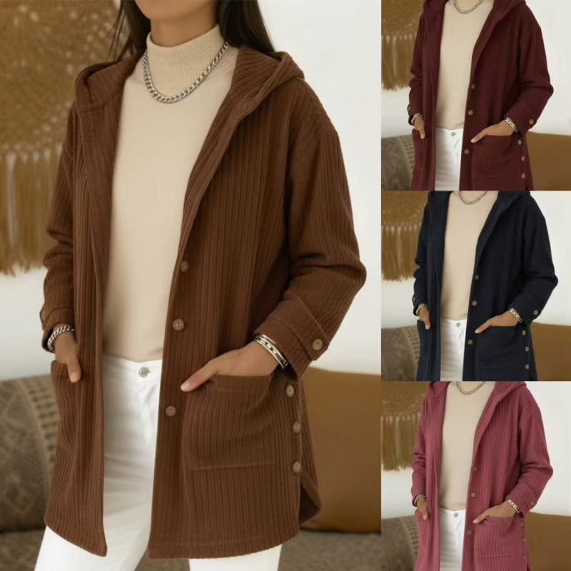 Damen Langer Kapuzen-Strickcardigan mit Rippenstruktur, Knopfleiste und Seitentaschen Nord Taschen