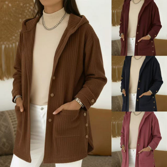 Damen Langer Kapuzen-Strickcardigan mit Rippenstruktur, Knopfleiste und Seitentaschen Nord Taschen