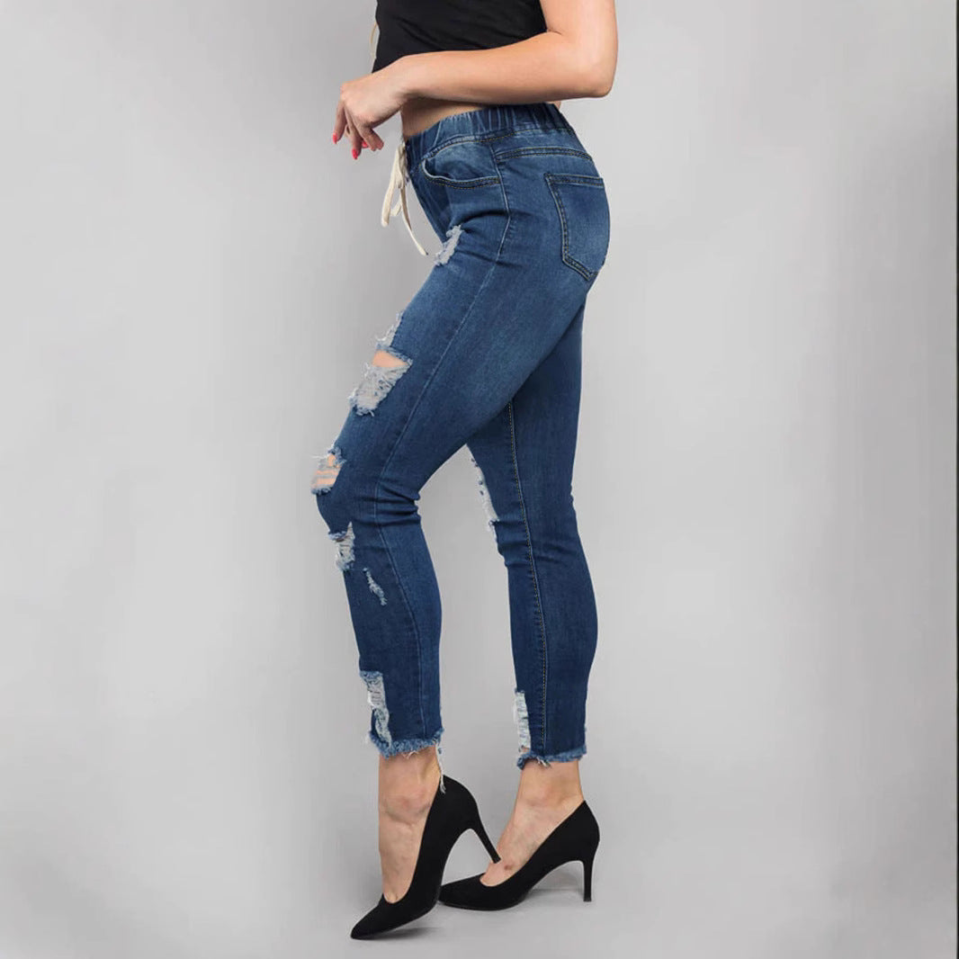 Damen Hochtaillierte Destroyed-Jogger-Jeans mit elastischem Tunnelzugbund und gekürztem Fransen-Saum Nord Taschen