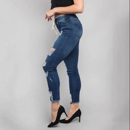 Damen Hochtaillierte Destroyed-Jogger-Jeans mit elastischem Tunnelzugbund und gekürztem Fransen-Saum Nord Taschen