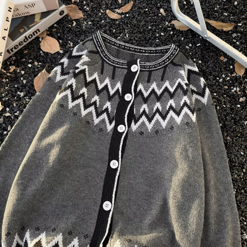 Damen Norweger-Cardigan im Oversize-Schnitt mit Rundhalsausschnitt und Kontrastknopfleiste Nord Taschen