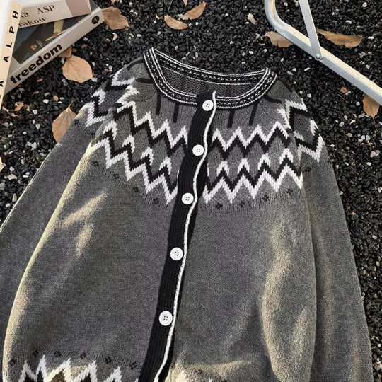 Damen Norweger-Cardigan im Oversize-Schnitt mit Rundhalsausschnitt und Kontrastknopfleiste Nord Taschen