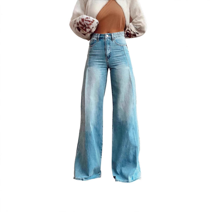 Damen hochgeschnittene Schlagjeans mit extra weitem Bein, figurstreckender Passform und dezenter Vintage-Waschung Nord Taschen