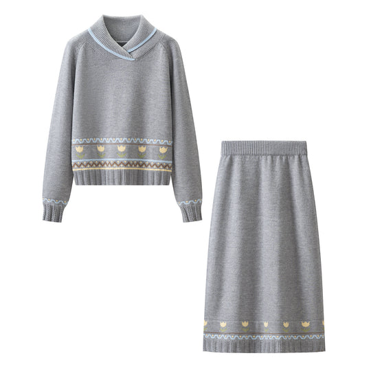 Damen Strick-Set aus Feinstrick mit Schalkragenpullover und hohem Taillen-Midirock Nord Taschen