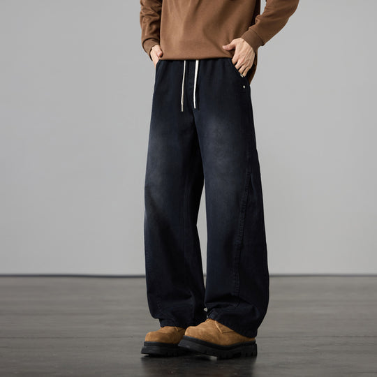 Herren Weite Baumwoll-Drawstring-Hose im Vintage-Waschlook Nord Taschen