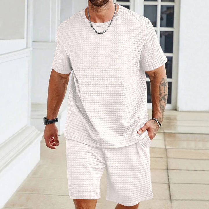 Herren nan leichter Freizeit-Zweiteiler in Waffelstruktur mit Rundhals-T-Shirt und komfortablen Shorts