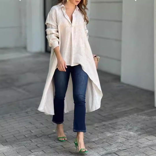 Damen Leichte Leinen‑Tunika‑Bluse mit asymmetrischem High‑Low‑Schwanz und Hemdkragen Nord Taschen
