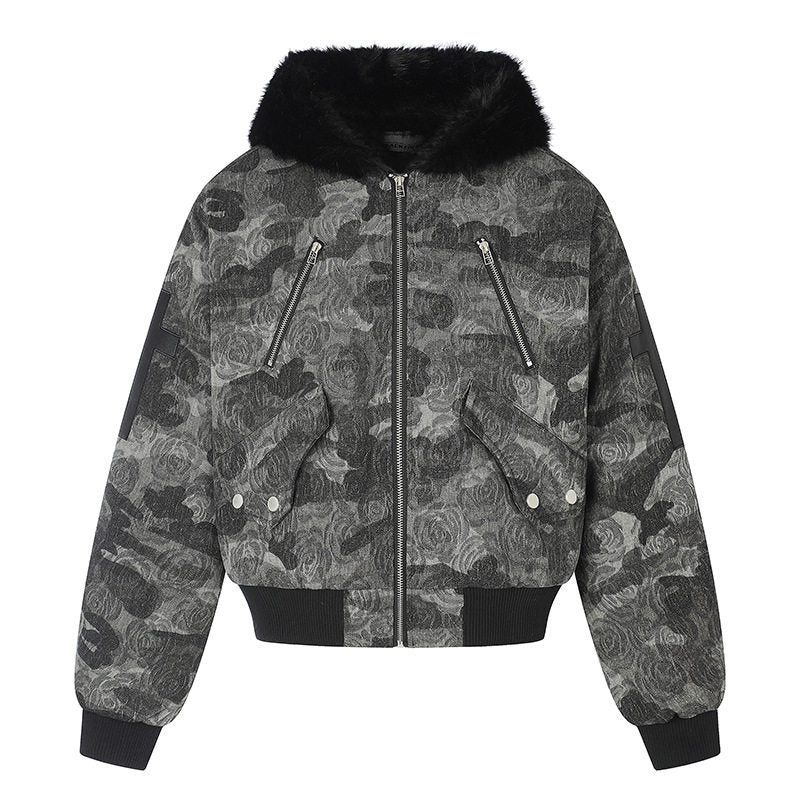 Damen wattierte Bomberjacke mit Kunstfellkapuze, Rosen‑Jacquard und Zipper‑Details Nord Taschen