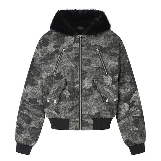 Damen wattierte Bomberjacke mit Kunstfellkapuze, Rosen‑Jacquard und Zipper‑Details Nord Taschen