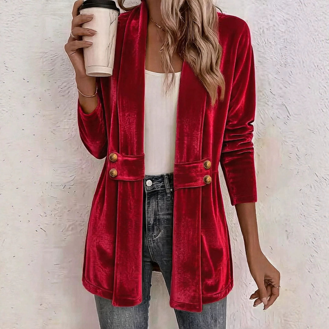 Damen Samt-Longblazer mit Schalkragen und Zierknopfleiste Nord Taschen