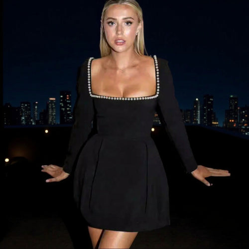 Damen Figurbetontes A‑Linien‑Minikleid mit quadratischem Ausschnitt, langen Ärmeln und Perlenbesatz Nord Taschen