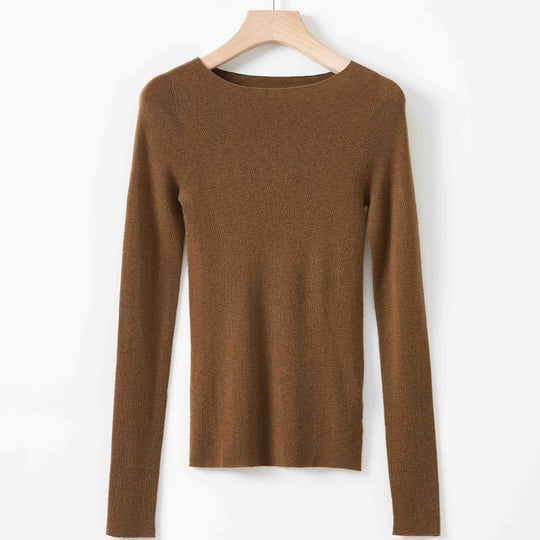 Damen Feiner Langarm-Feinstrickpullover mit U-Boot-Ausschnitt und figurbetonter Passform Nord Taschen