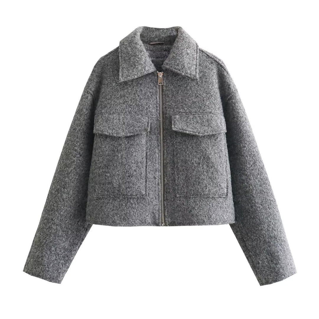 Damen Kurze Wolloptik-Boxyjacke mit Reißverschluss und aufgesetzten Pattentaschen Nord Taschen
