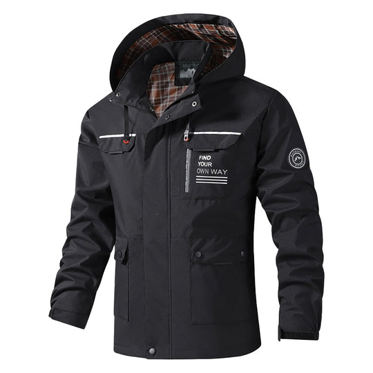 Herren Atmungsaktive wasserabweisende Kapuzen-Outdoorjacke mit kariertem Innenfutter, Multifunktions-Taschen & verstellbarer Kapuze Nord Taschen