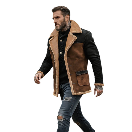 Herren Langer Kunstlammfell-Mantel mit Schalkragen, Kontrastärmeln und Pattentaschen Nord Taschen