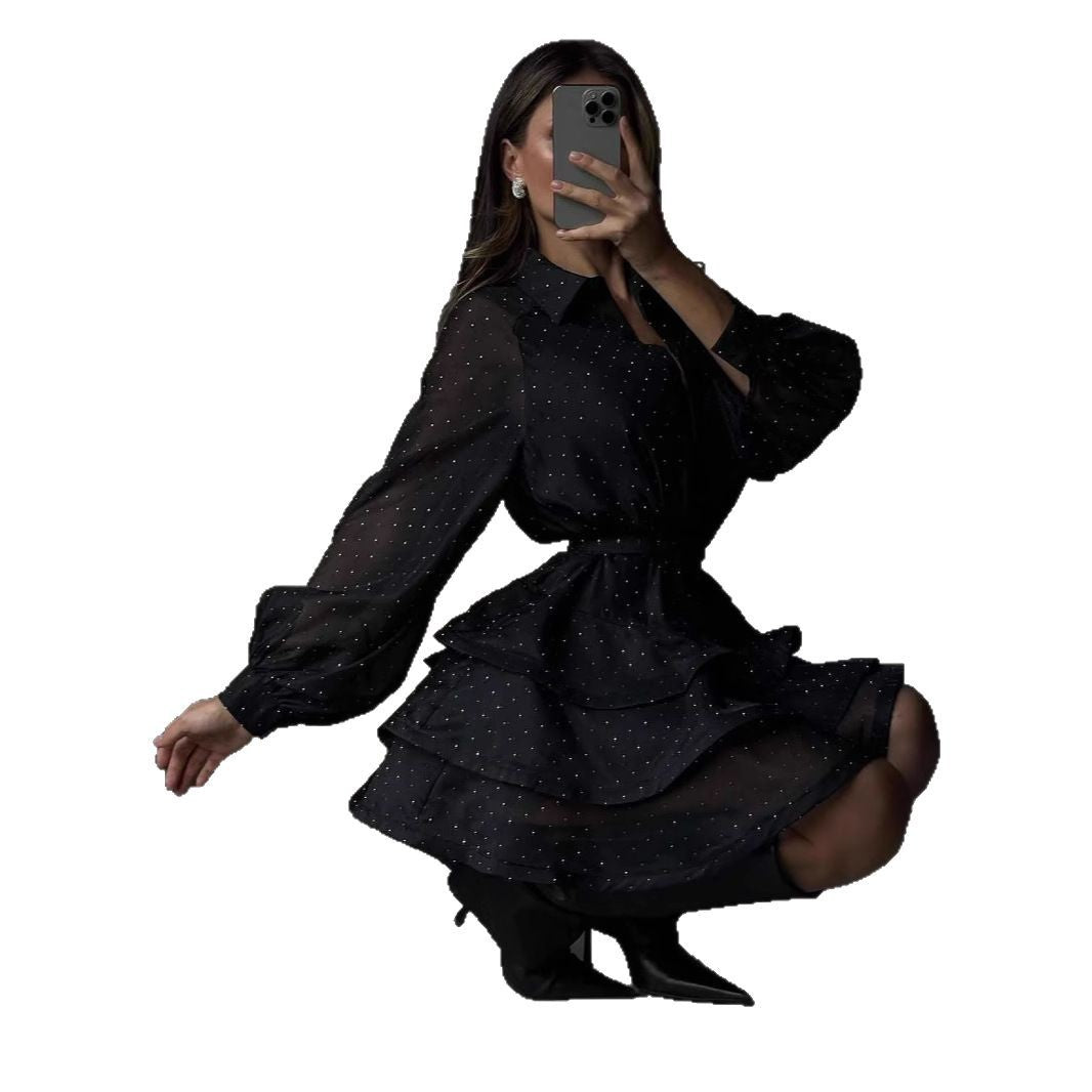 Damen Transparentes Volant-Minikleid mit Hemdblusenkragen, Ballonärmeln und Taillengürtel Nord Taschen