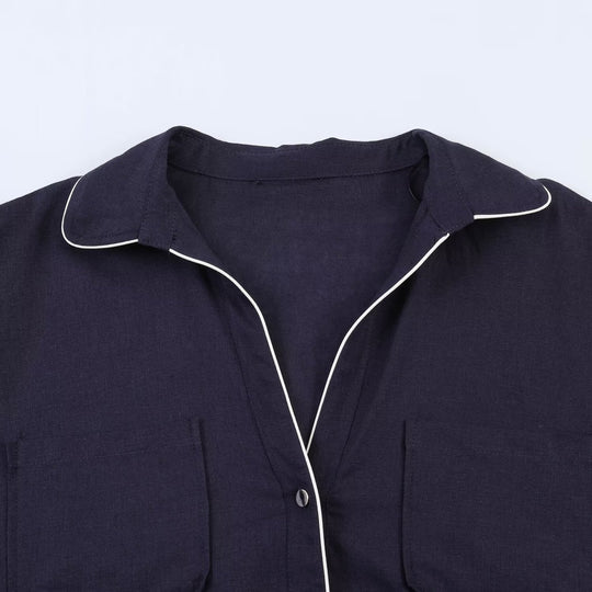 Damen Pyjama-inspirierte Oversize-Hemdbluse mit Kontrastpaspel und Brusttaschen Nord Taschen