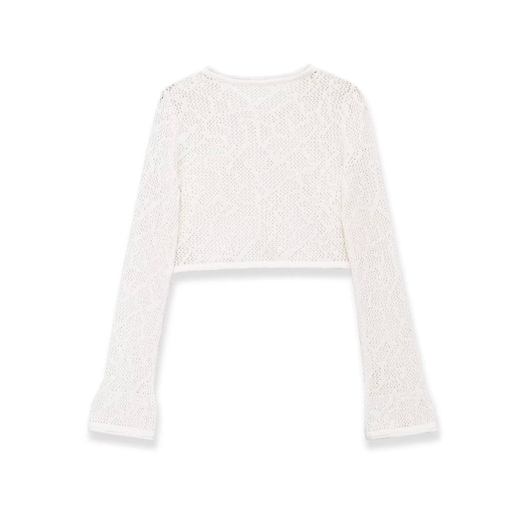 Damen gehäkeltes Cropped-Strickoberteil mit Trompetenärmeln Nord Taschen