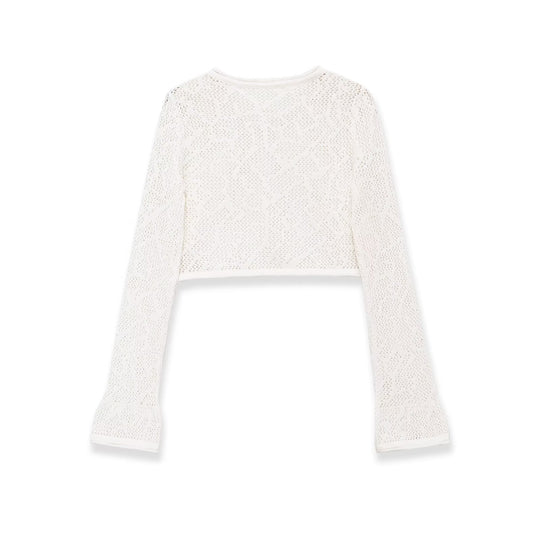 Damen gehäkeltes Cropped-Strickoberteil mit Trompetenärmeln Nord Taschen