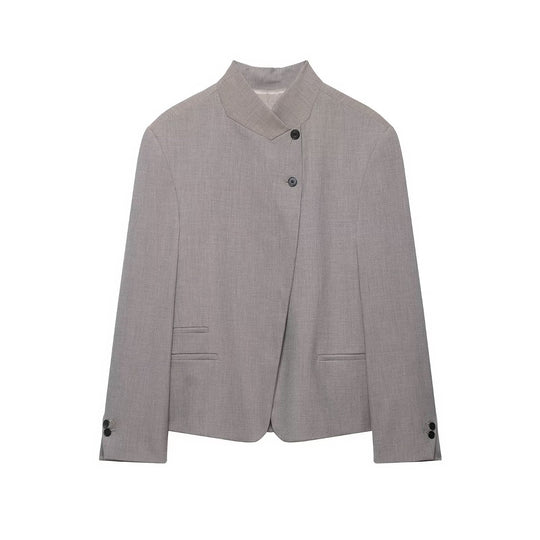 Damen Kurzblazer mit asymmetrischer Knopfleiste und Stehkragen Nord Taschen