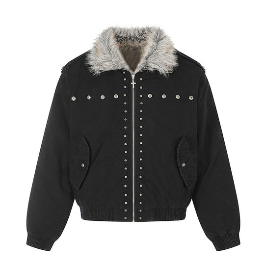 Damen wattierte Bomberjacke mit Kunstfellkragen, Nietenapplikation und Schulterklappen Nord Taschen