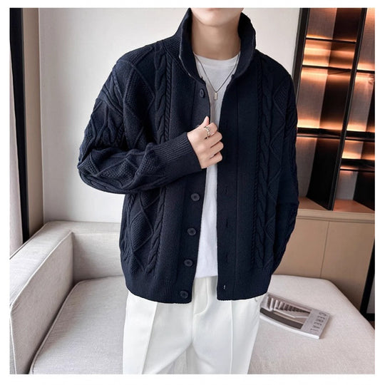 Herren Lockere Strick-Cardigan mit hohem Stehkragen und Zopfmuster Nord Taschen
