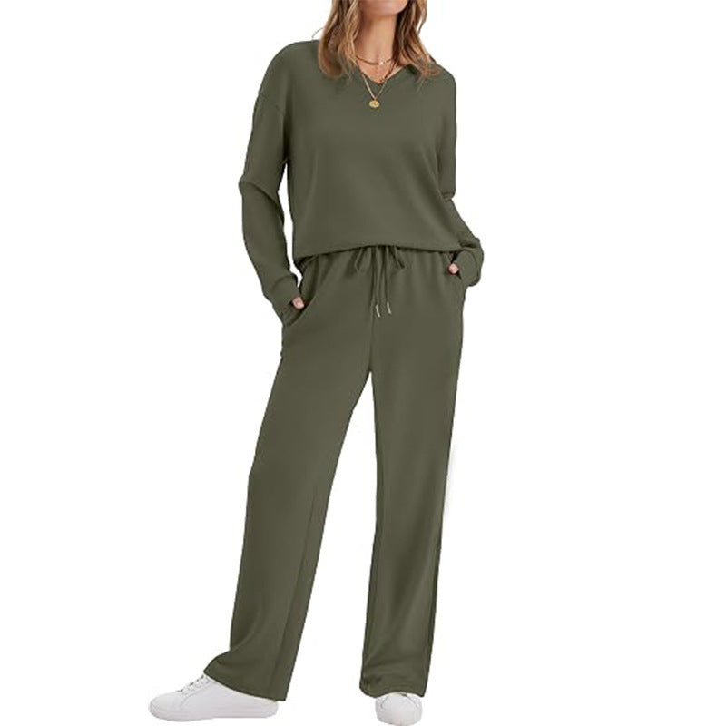 Damen Lässiges Lounge-Set mit V-Ausschnitt-Sweatshirt und weiten Tunnelzug-Hosen Nord Taschen