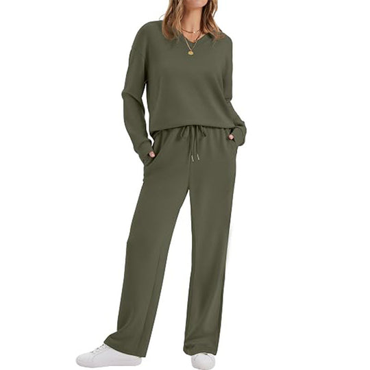 Damen Lässiges Lounge-Set mit V-Ausschnitt-Sweatshirt und weiten Tunnelzug-Hosen Nord Taschen