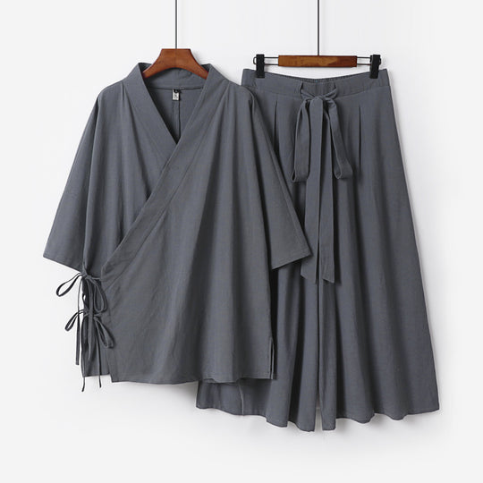 Damen Kimono-Loungewear-Set aus leichter Viskose mit Wickeloberteil und weitem Culotte-Hosenrock Nord Taschen