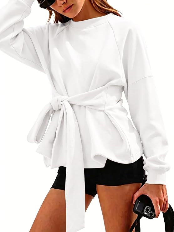 Damen Oversize-Sweatshirt mit Wickelgürtel, Schößchen und Raglanärmeln Nord Taschen