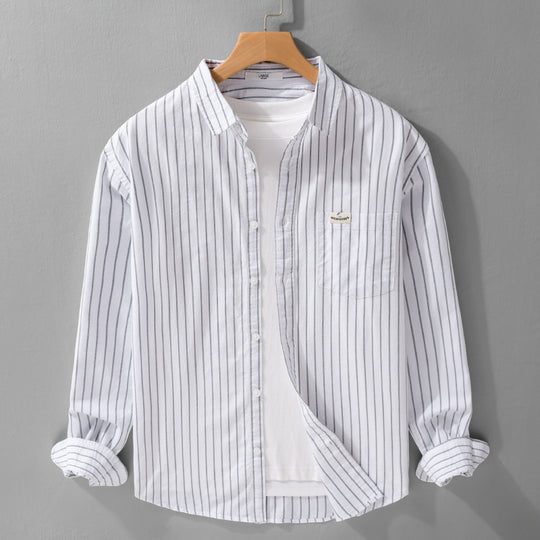 Herren Gestreiftes Layering-Overshirt aus softem Baumwollmix mit Kentkragen und aufgesetzter Brusttasche Nord Taschen
