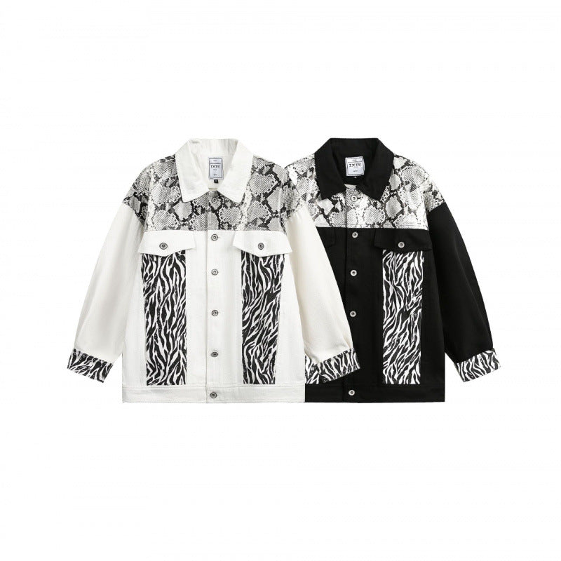 Damen Oversize-Jeansjacke im Patchwork-Tierprint mit Reverskragen und Pattentaschen Nord Taschen