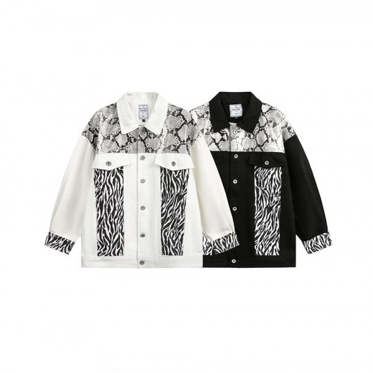 Damen Oversize-Jeansjacke im Patchwork-Tierprint mit Reverskragen und Pattentaschen Nord Taschen