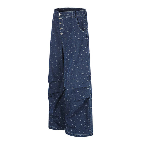 Damen High‑Waist Culotte-Jeans im Palazzoschnitt mit sichtbarer Knopfleiste und feinem Blumenprint Nord Taschen