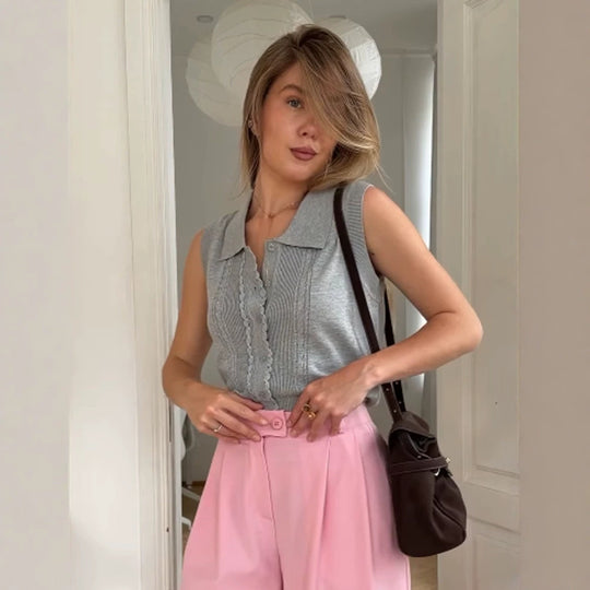 Damen Ärmelloses Stricktop mit Hemdkragen, Zierknopfleiste und feiner Strukturierung Nord Taschen