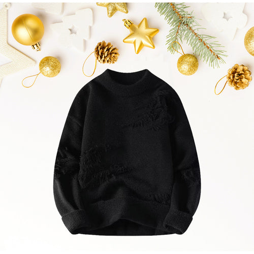 Damen Kurz geschnittener kuscheliger Strickpullover mit Fransen‑Einsätzen und Stehkragen Nord Taschen