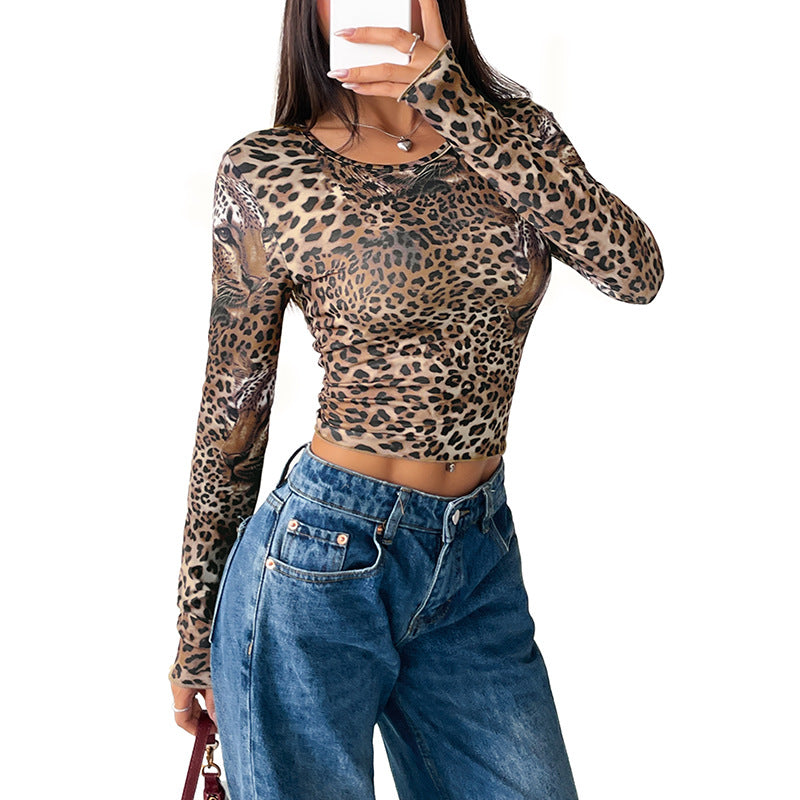 Damen Figurbetontes Langarm-Crop-Top mit Leopardenmuster und formendem Stretch Nord Taschen