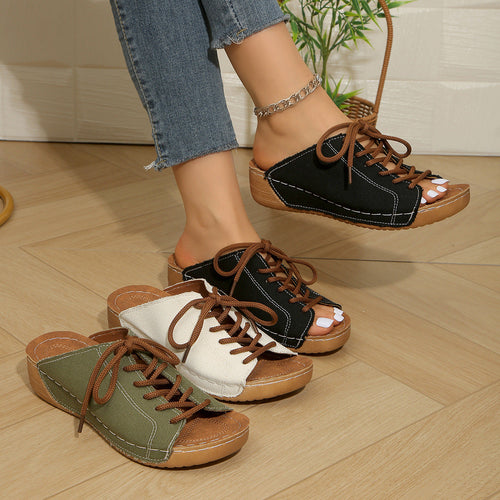 Damen bequeme Freizeit-Sandalen mit Schnürung und atmungsaktiver Textiloberfläche