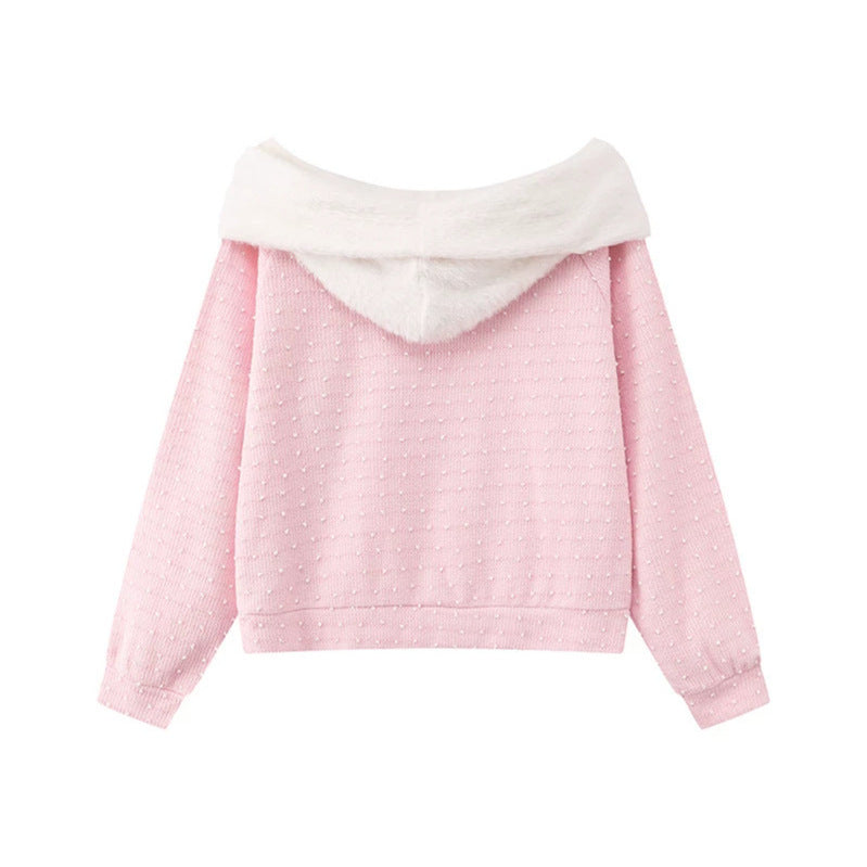 Damen Kuscheliger Strickpullover mit großem Faux-Fur-Schalkragen und Kängurutasche Nord Taschen
