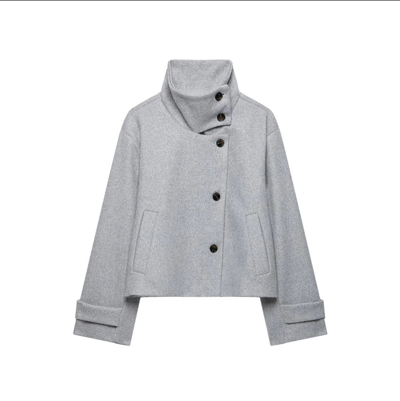Damen Cropped Wollmix-Kurzjacke mit hohem Stehkragen, asymmetrischer Knopfleiste und Krempelmanschetten Nord Taschen