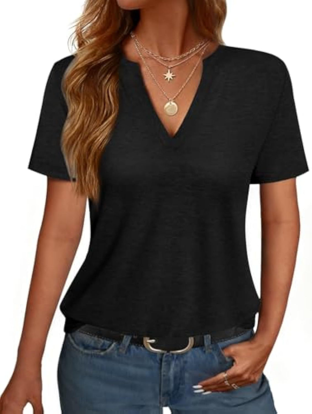 Damen V-Ausschnitt T-Shirt mit legerem Schnitt und sanftem Stoff Nord Taschen